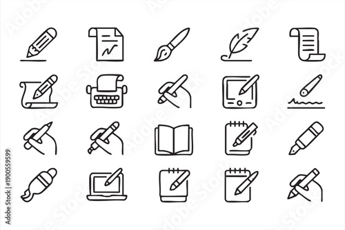 Pen Pencil and Document Icons Set in Minimal Line Vector Style