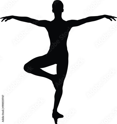 Silhouette of a graceful ballerina performing an elegant dance pose with arms extended, beautiful ballet dancer practicing classical dance, artistic vector illustration