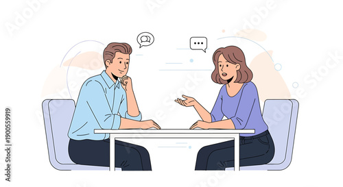 Modern vector illustration depicting two diverse business professionals engaged in a focused discussion, sharing ideas, and collaborating on a project or strategy