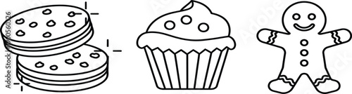 Simple Line Art Illustrations of Cookies, Cupcake, and Gingerbread Man for Food and Baking Themes