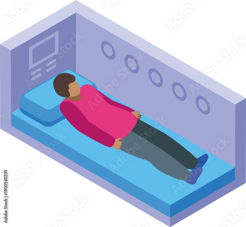 Patient lying in hyperbaric chamber relaxing during pressurized oxygen treatment session