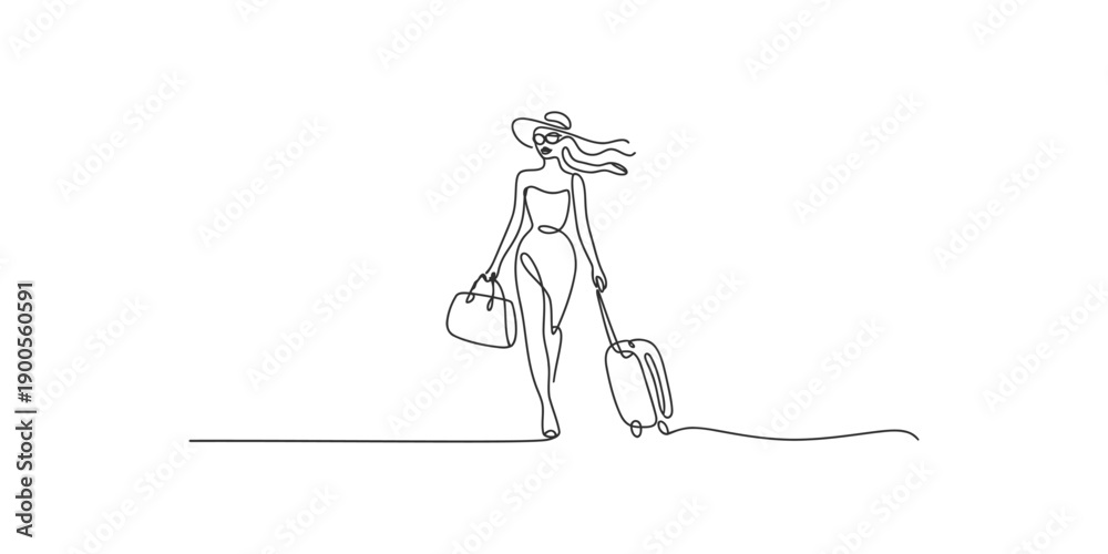 Fototapeta premium Continuous line drawing of a stylish woman traveler with a suitcase and hat