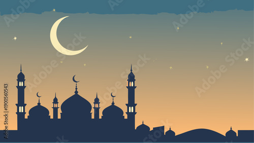 Silhouette of mosques under a moonlit sky
