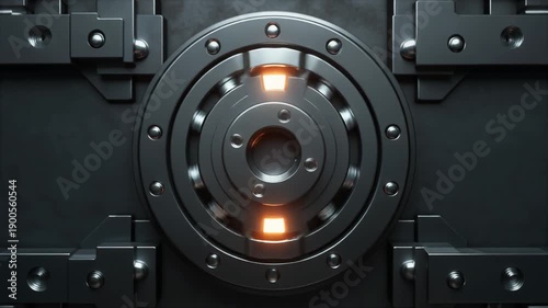 Futuristic Metallic Wall with Illuminated Circular Components in Dark Industrial Setting