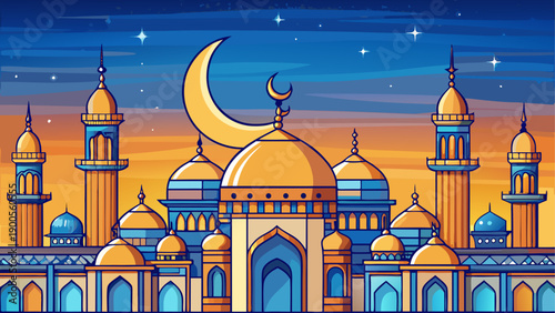 Vibrant cartoon mosque with crescent moon and stars