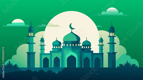 Vibrant mosque vector illustration with minarets and crescent moon