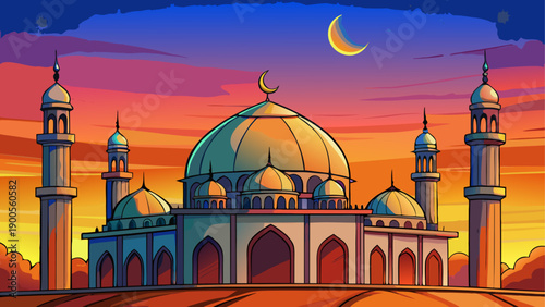 Vibrant sunset mosque with crescent moon and stars