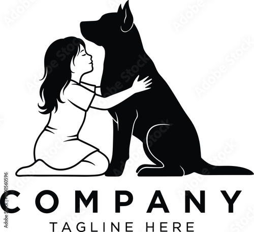 Silhouette of a little girl hugging a large dog, loyal pet friendship concept, animal veterinary clinic logo, child and puppy love illustration,