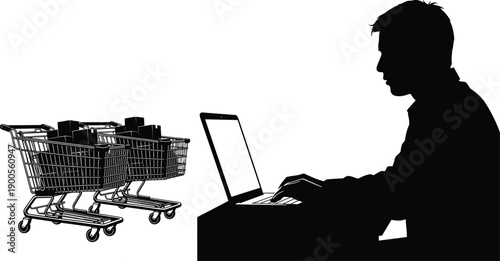 Silhouette of a man using laptop for online shopping with shopping carts full of boxes, e-commerce concept, digital marketing, vector illustration, retail sales