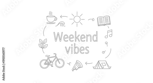 Simple black and white doodle icons illustrate various relaxing and enjoyable leisure activities associated with positive weekend vibes for relaxation and fun