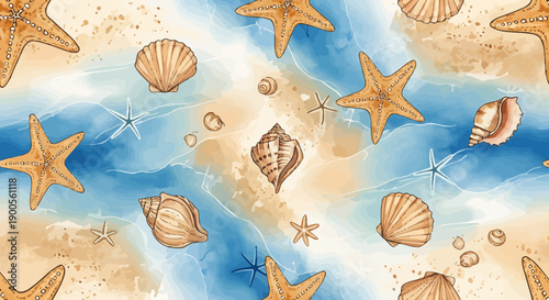 Seamless pattern of seashells and starfish on a sandy beach with ocean waves