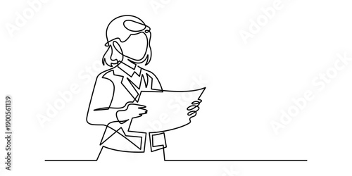 Construction professional young female architect holding blueprint continuous line art vector