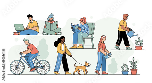Diverse group of people engaged in various outdoor and indoor leisure activities including cycling, reading, gardening, and walking pets
