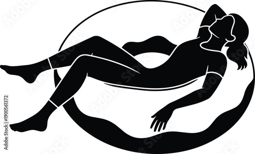 Silhouette of a relaxed woman floating on an inflatable ring in a pool, summer vacation leisure concept, minimalist black and white vector illustration,