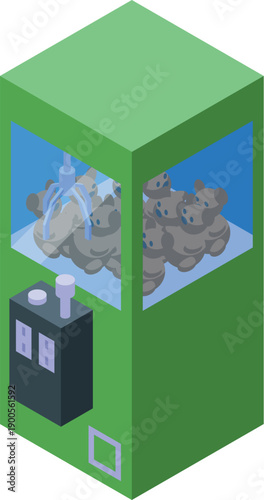 Green claw crane arcade game grabbing plush toys, isometric view