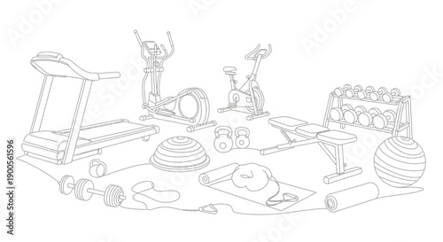 Black and white line art illustration showcasing a variety of essential home gym equipment for cardiovascular and strength training exercises