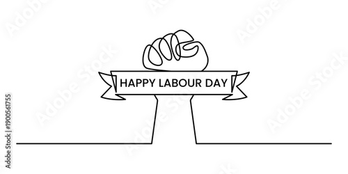 Powerful fist hand with ribbon continuous outline vector illustration for labour day