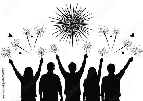 Silhouette of a street food vendor serving snacks from a cart to a long line of diverse children and a small dog,