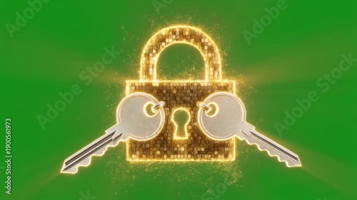 Golden Padlocks with Keys Rotating on Green Screen Background with Bright Lighting
