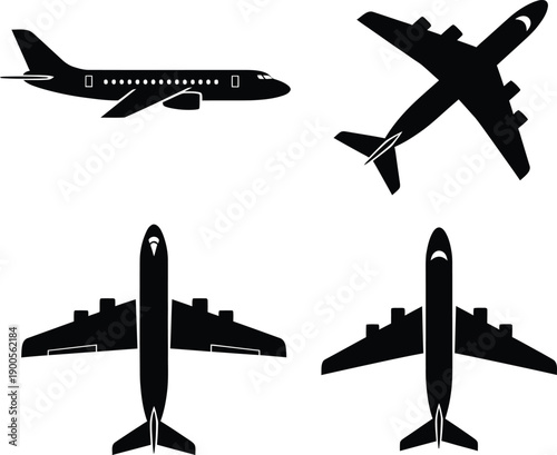 Collection of Airplane Silhouettes in Different Perspectives for Design and Travel Concepts