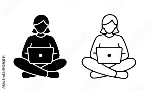 Female freelancer icon sitting cross legged with laptop in solid and outline styles for remote work education digital nomad and professional business technology concepts.