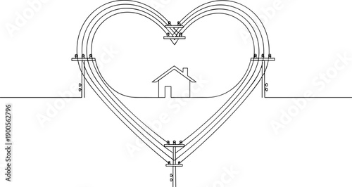 Minimalist Line Art Vector: Heart-Shaped Power Lines Embracing a Simple Outline House – Concept of Home Love, Energy, Infrastructure, and Electrical Connectivity