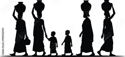 PrintSilhouette of African Women Carrying Water Pots on Their Heads with Children Walking Together, Isolated on White Background for Ethnic Cultural Concept Design,