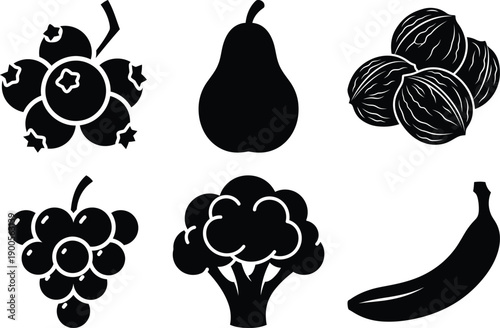 Collection of healthy food and drink icons including avocado, smoothie, salad, and yogurt