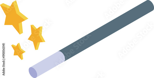 Isometric magic wand emitting sparkling stars, symbolizing spell casting and enchantment