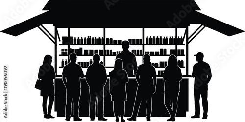 Silhouette of customers standing at a street food stall or market kiosk with shelves, people shopping at outdoor retail stand, vector illustration