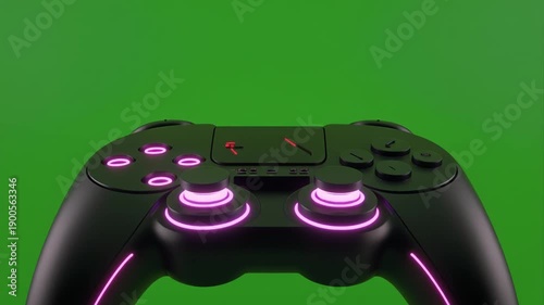 Illuminated Gaming Controllers Displaying Neon Light Patterns on Solid Green Background, Futuristic Style