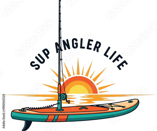 Stand up paddle board with fishing rod and sunset, isolated on transparent background