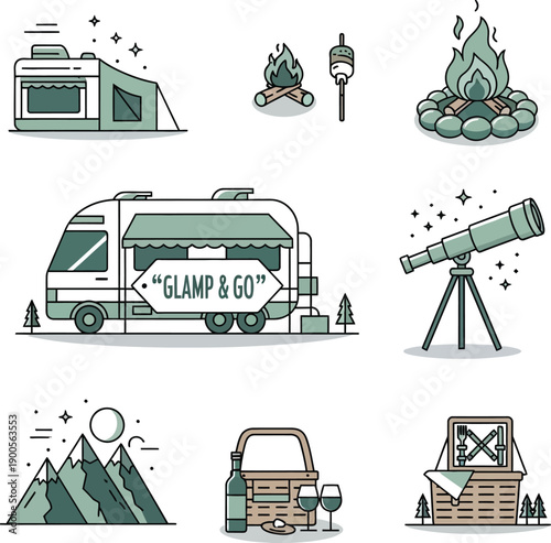 Camping and travel illustration with telescope and camper van isolated on transparent background
