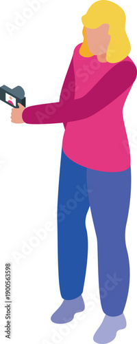 Photographer taking pictures with professional camera, isometric view of a young woman working