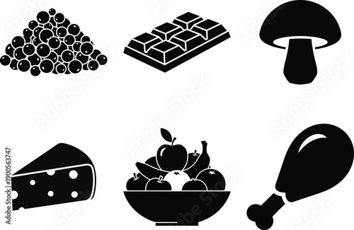 A collection of simple black and white icons representing various food items and drinks.