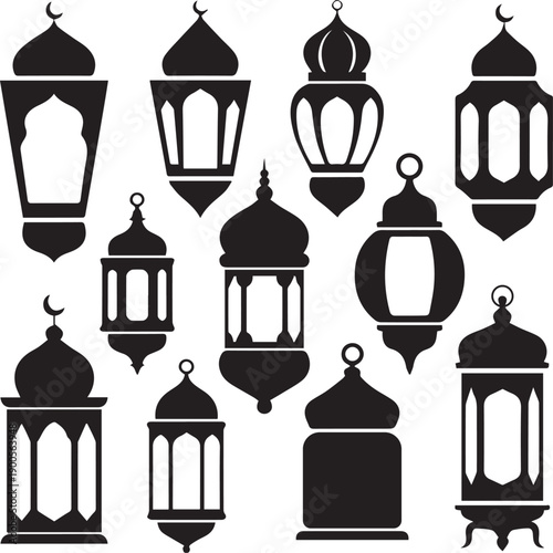 Islamic architecture featuring a crescent moon and decorative lanterns
