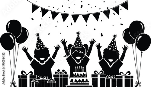 Silhouette of happy children at birthday party with cake, balloons, presents and confetti, joyful kids celebrating with festive decorations, gifts and party hats
