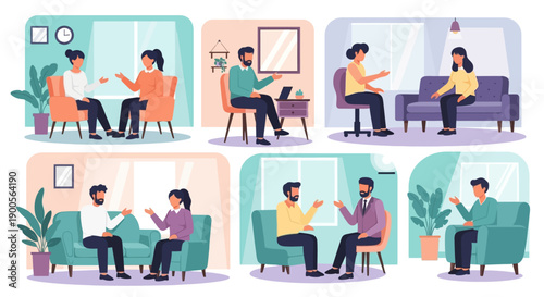 Illustration of people having conversations in different settings.