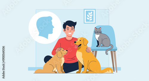 Man surrounded by happy dogs and cat in a cozy home environment.