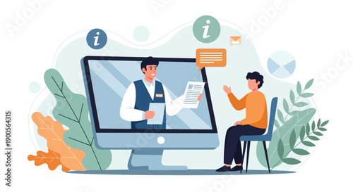 Online learning and remote education concept with computer and people.