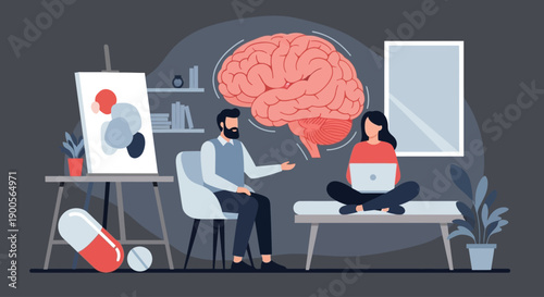 Therapist consulting with patient in a modern office setting with art supplies.