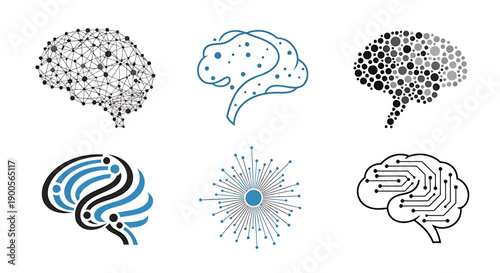 Collection of stylized brain illustrations symbolizing intellect, innovation, and artificial intelligence in various artistic designs