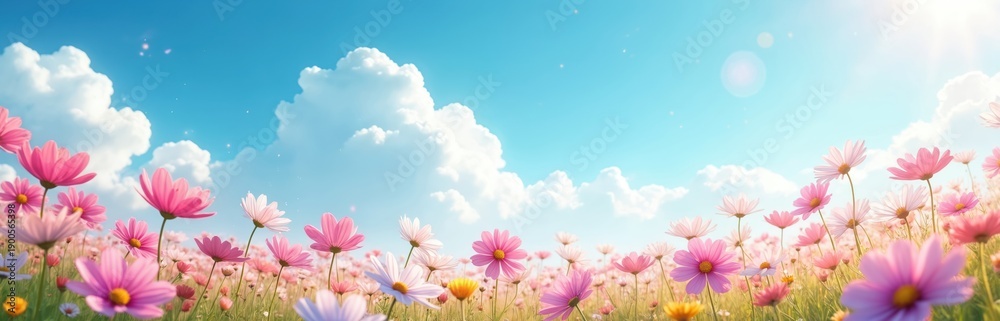 Fototapeta premium Field of pink and white cosmos flowers under a bright blue sky with fluffy clouds. Sunlight shines through the blossoms creating a dreamy, ethereal atmosphere. A gentle breeze blows across the meadow.