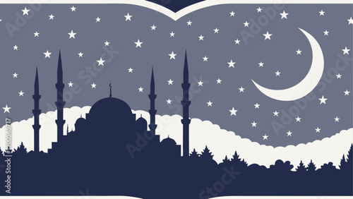 Night scene with mosque silhouette and crescent moon