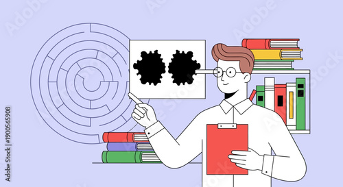 Man holding a clipboard and presenting a puzzle piece illustration.