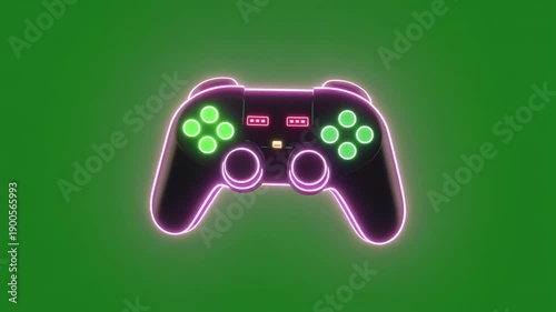 Neon Glowing Game Controllers Displayed Repeatedly on Vibrant Green Chroma Key Background