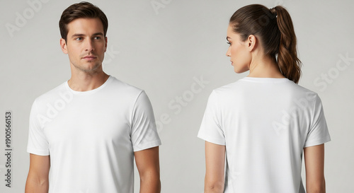 Two models, a man and a woman, showcasing plain white short-sleeved t-shirts in a studio setting.