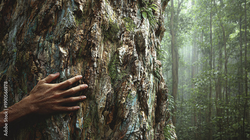 Embracing the majesty of nature's ancient arboreal giant, a hand tenderly connects with the textured bark within a verdant, misty forest