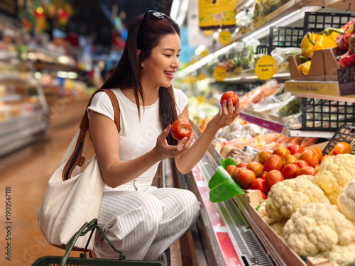 Photos Woman choosing fresh tomatoes at supermarket produce aisle