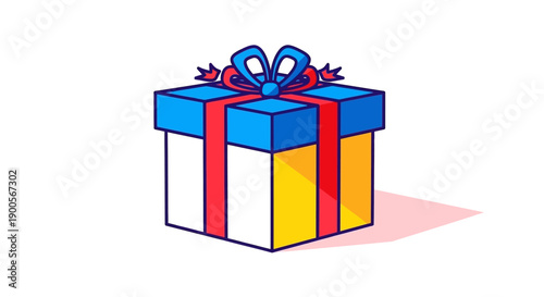 Blue and Yellow Gift Box Wrapped with Red Ribbon and Blue Bow, Present Icon